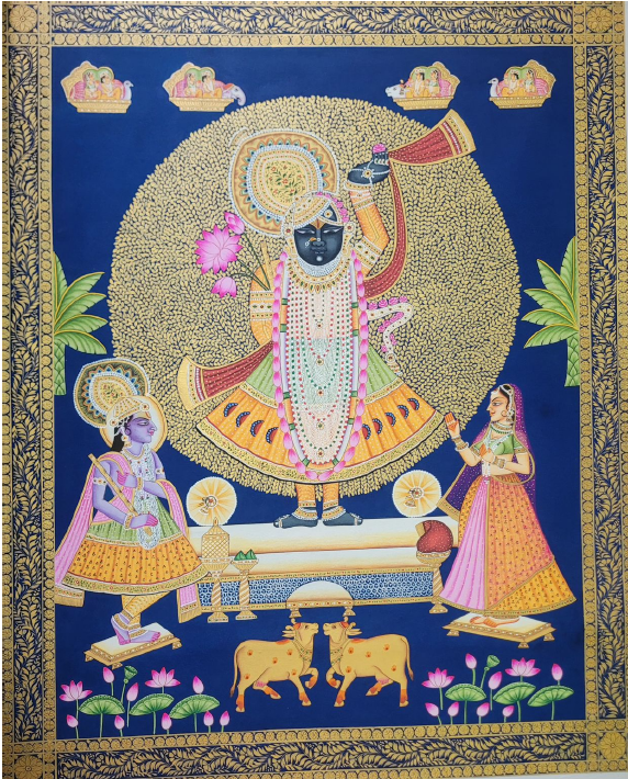 AS - Black Pichwai Painting with intricate gold borders, featuring an enlarged Shrinathji at the center.
