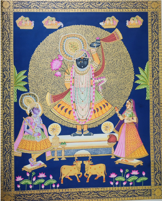 AS - Black Pichwai Painting with intricate gold borders, featuring an enlarged Shrinathji at the center.