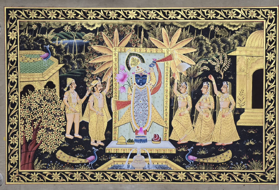 AS - Captivating artwork of Shrinathji in a black backdrop, adorned with peacocks, devotees and gopikas in graceful service.