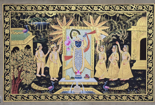 AS - Captivating artwork of Shrinathji in a black backdrop, adorned with peacocks, devotees and gopikas in graceful service.