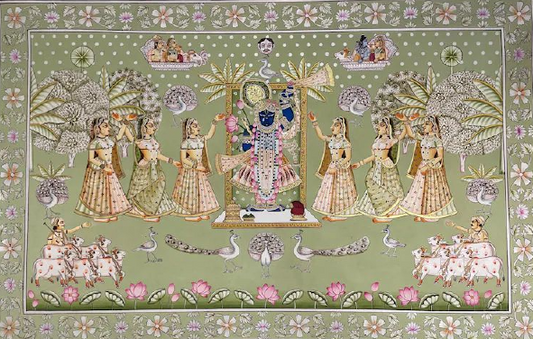 AS - Green Pichwai painting featuring Shreenathji with gopikas, adorned with intricate silver work.