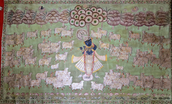 AS - This artwork captures Krishna’s serene presence surrounded by his beloved cows , a symbol of love, abundance, and protection. Perfect for adding a soulful, timeless charm to your home.