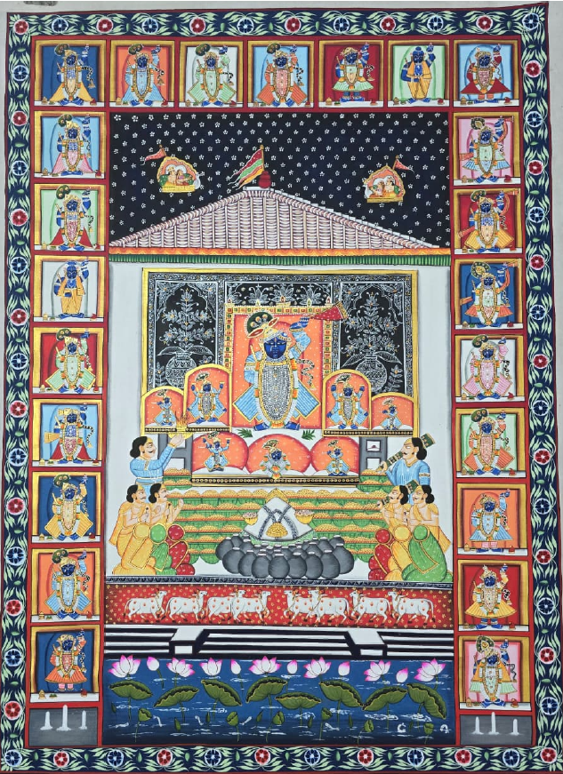 AS - A richly detailed Pichwai artwork featuring Shreenathji in an ornate sanctum, framed by miniature depictions, cows, lotus blooms, and traditional elements — a timeless devotional masterpiece.