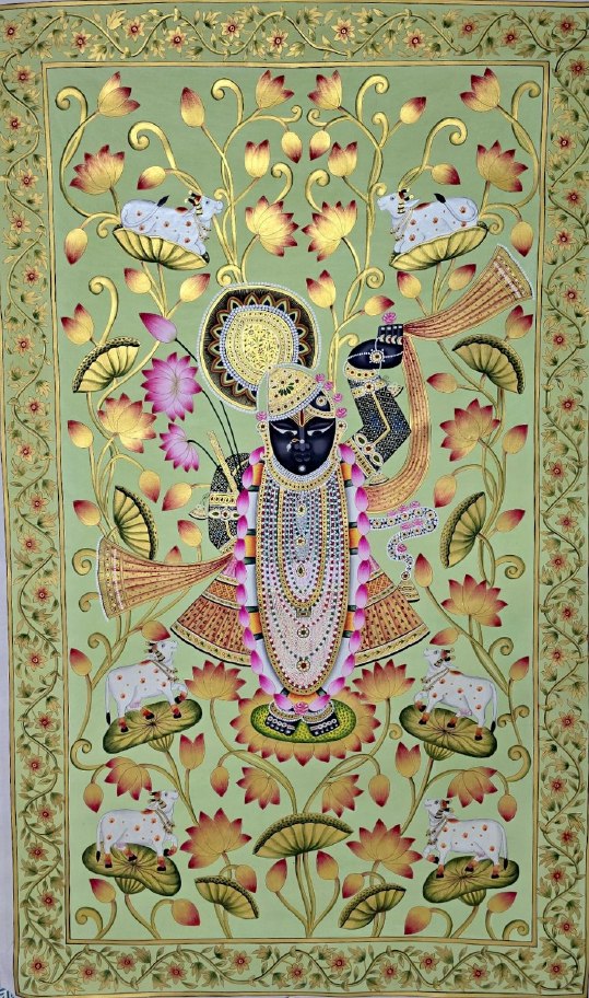 AS - Stunning Red Pichwai Painting with gold detailing and a majestic Shrinathji motif at the center. A timeless statement piece.