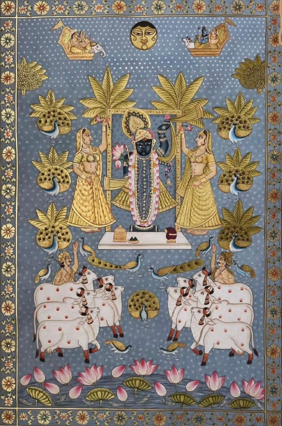 AS - Beautiful Pichwai painting of Shrinathji surrounded by cows and gopikas in a serene devotional setting.