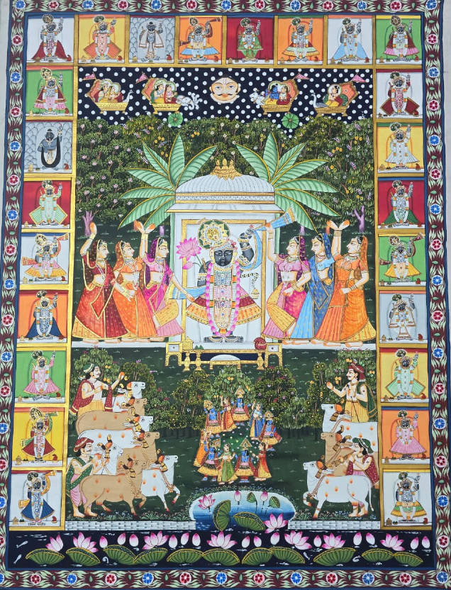 AS - A stunning Pichwai artwork of Shreenathji with gopikas, divine motifs, cows, and intricate traditional detailing with lotus and different roops of Shreenathji.