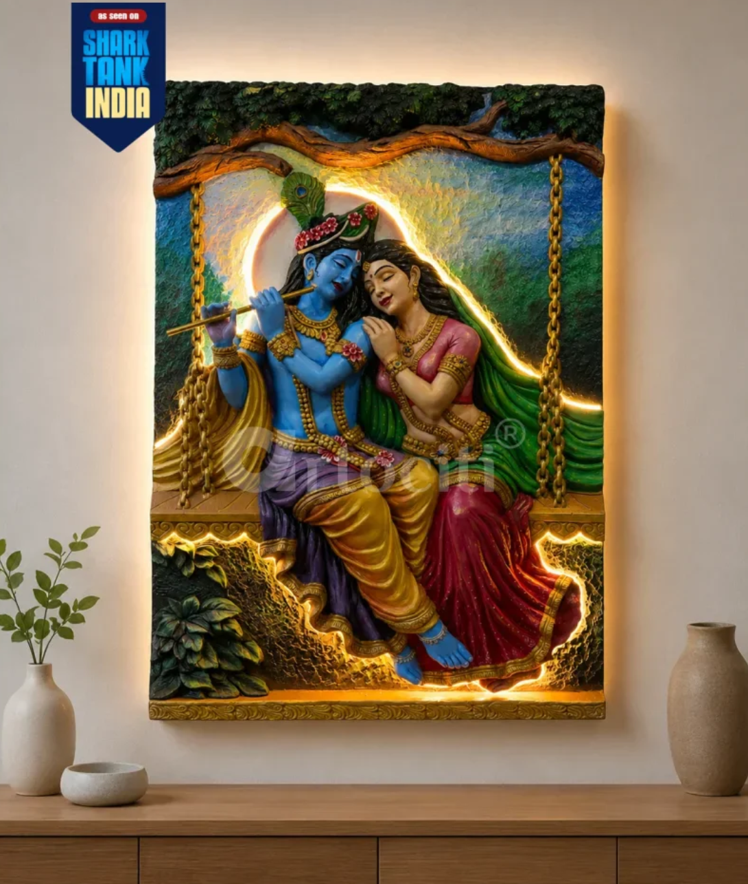 3X2 Feet Radha Krishna on Swing 3D Relief Mural | LED Iight Installed