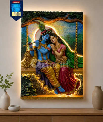 3X2 Feet Radha Krishna on Swing 3D Relief Mural | LED Iight Installed