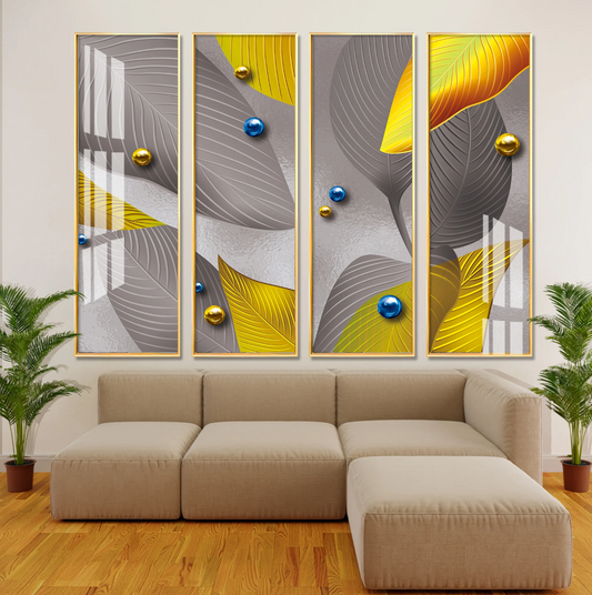 Grey & Golden Leaves Premium Acrylic Vertical Wall Art (set of 4)