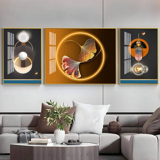 Glowing Biloba Leaves Premium Acrylic Wall Art (Set of 3)