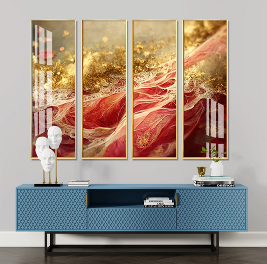 Passionate Red & Golden Premium Acrylic Vertical Wall Art (set of 4)