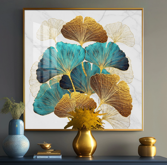 Golden Blue Ginkgo Leaf Premium Acrylic Square Wall Art