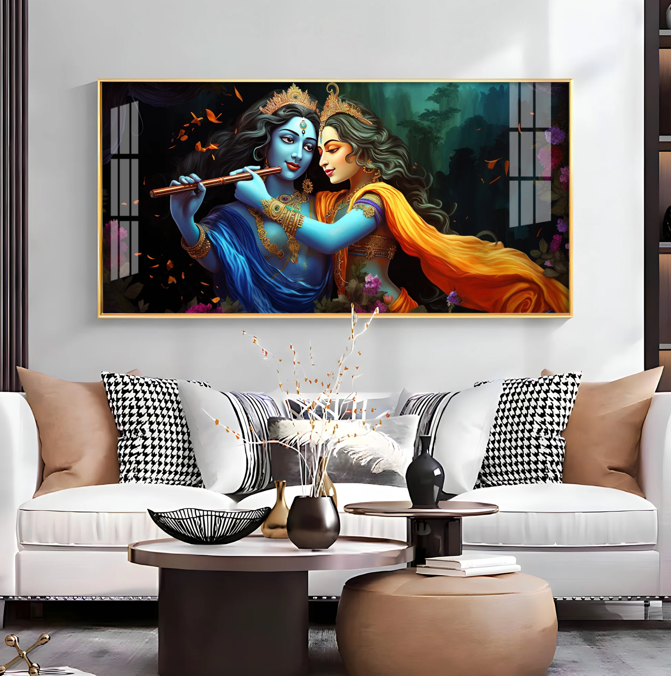 Radha Krishna Playing Bansuri Premium Acrylic Horizontal Wall Art