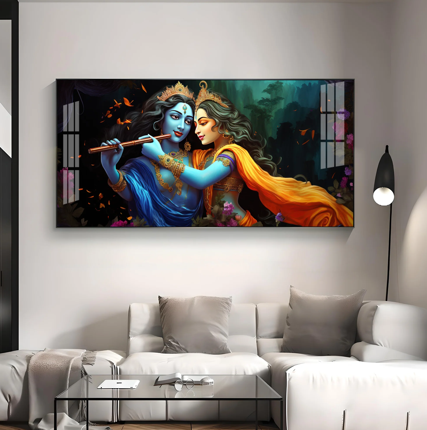 Radha Krishna Playing Bansuri Premium Acrylic Horizontal Wall Art