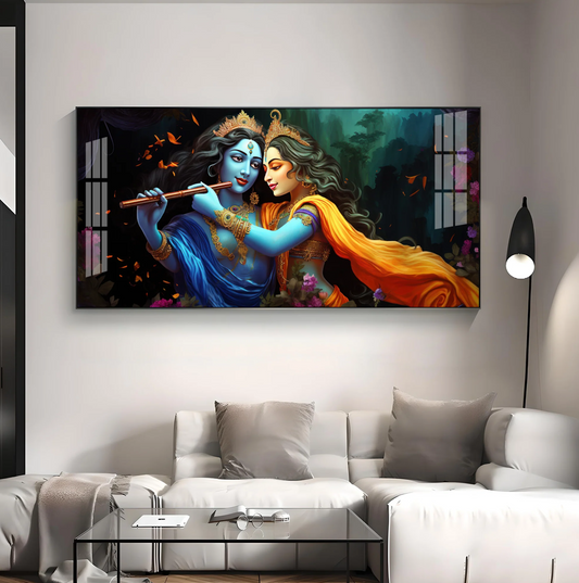 Radha Krishna Playing Bansuri Premium Acrylic Horizontal Wall Art