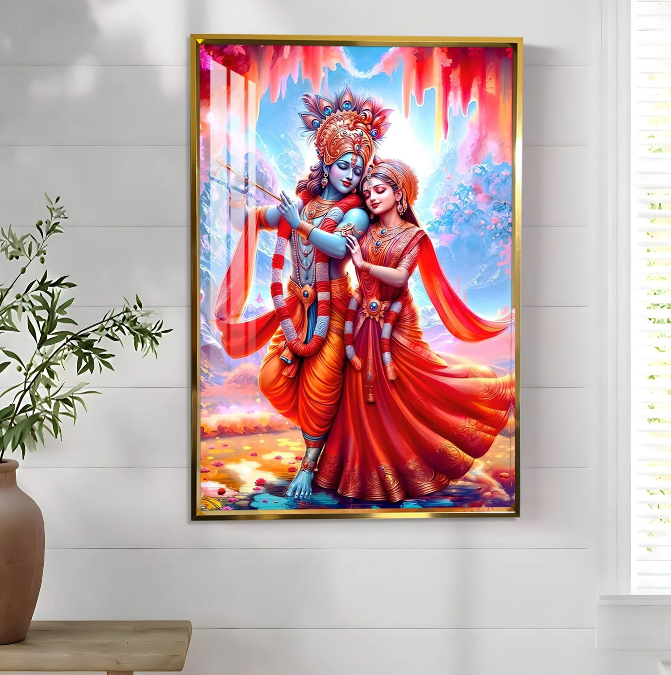 Beautiful Radha Krishna In Red Premium Acrylic Vertical Wall Art