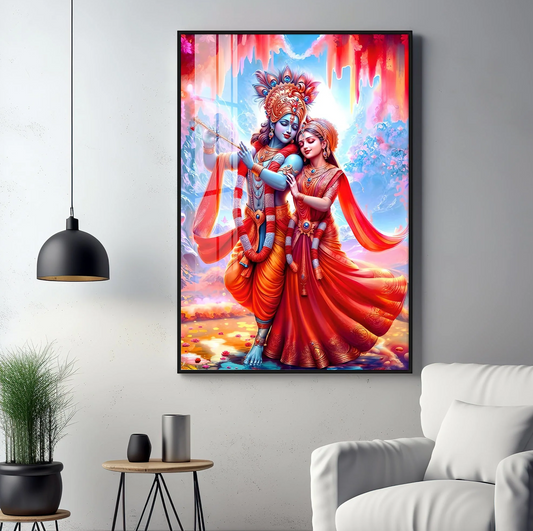 Beautiful Radha Krishna In Red Premium Acrylic Vertical Wall Art