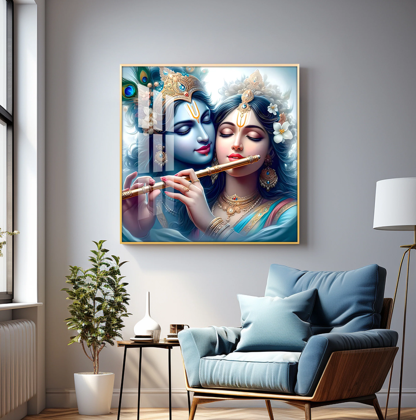 Radha Krishna With Flute Premium Acrylic Square Wall Art