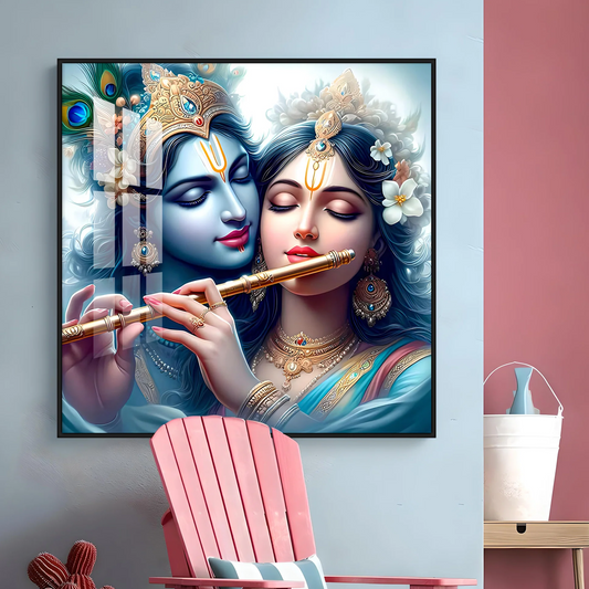 Radha Krishna With Flute Premium Acrylic Square Wall Art