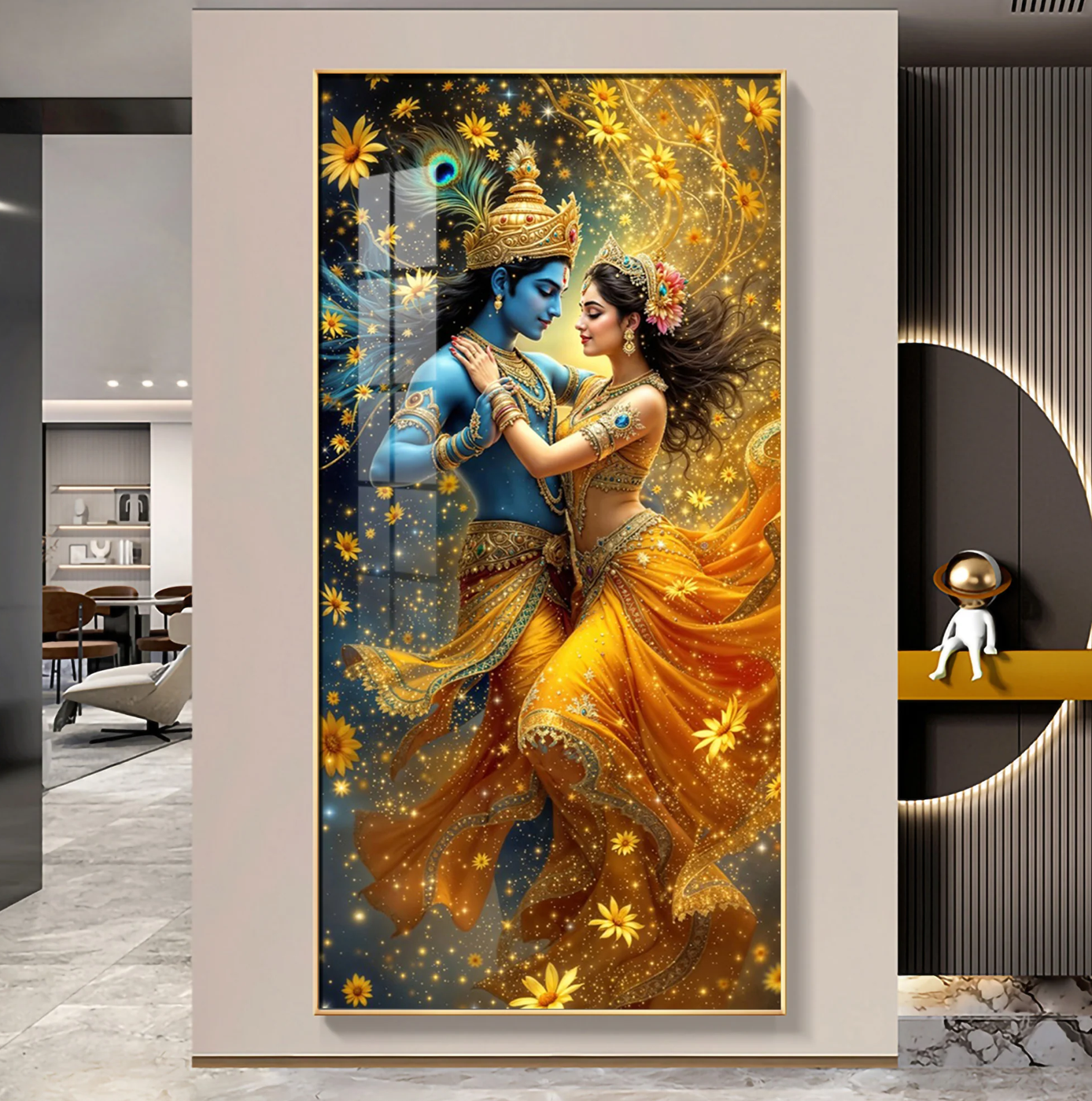 Radha And Krishna in Golden Splendor Flower Premium Acrylic Vertical Wall Art
