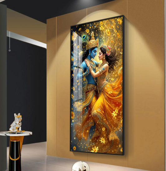 Radha And Krishna in Golden Splendor Flower Premium Acrylic Vertical Wall Art
