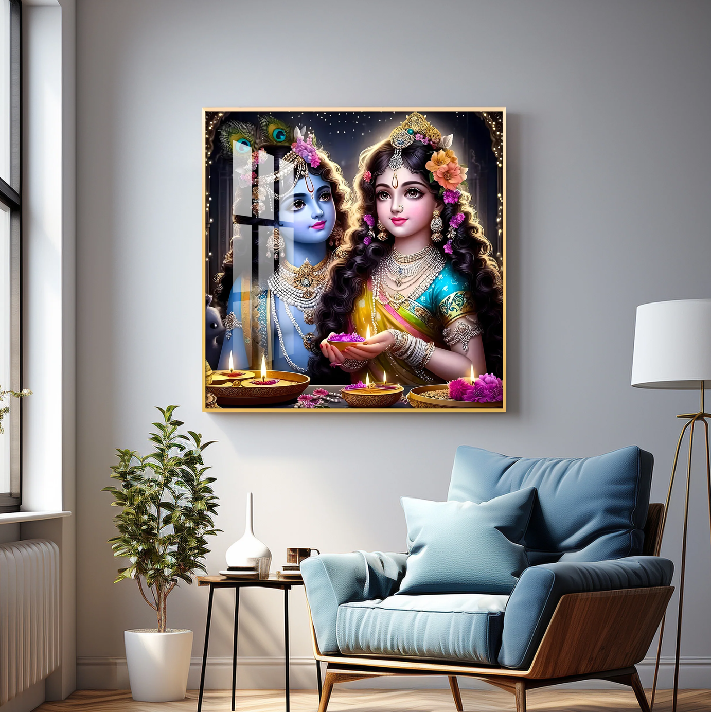 Glowing Krishna Radha Premium Acrylic Square Wall Art