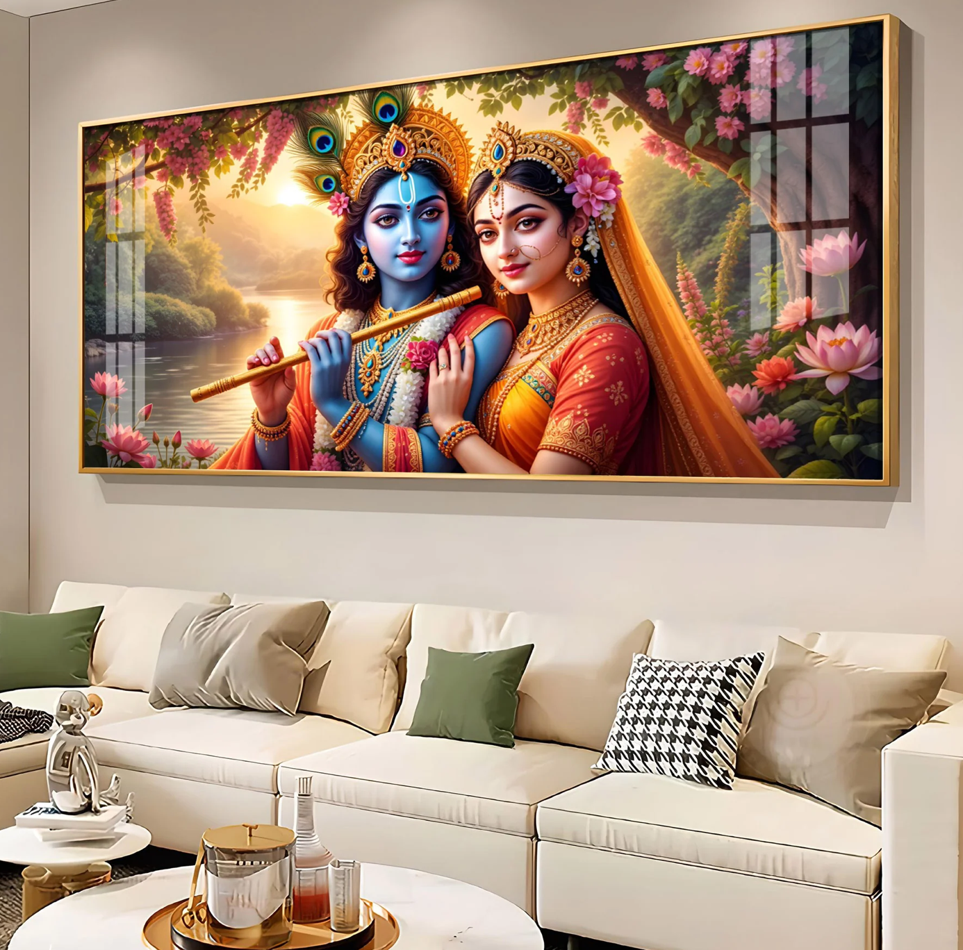 Radha With Krishna Playing Flute Premium Acrylic Horizontal Wall Art
