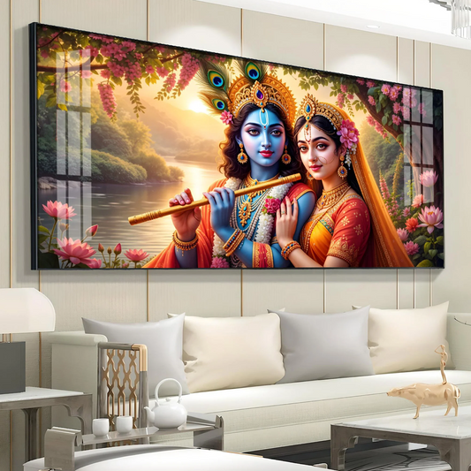 Radha With Krishna Playing Flute Premium Acrylic Horizontal Wall Art