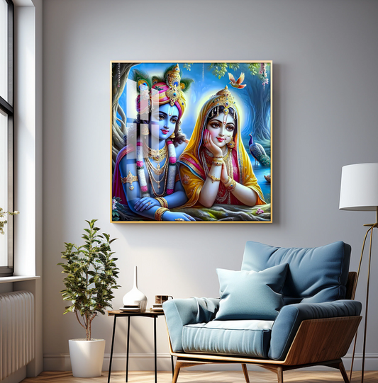 Radha Krishna In Vatika Premium Acrylic Square Wall Art