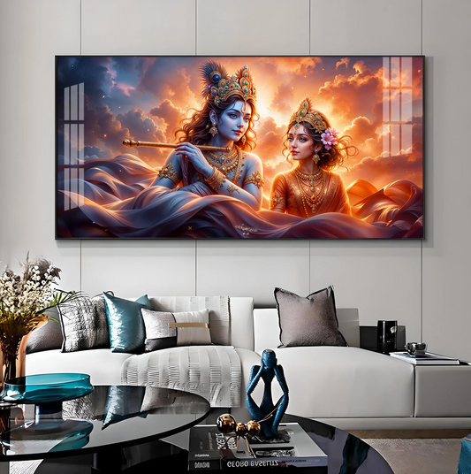 Krishna and Radha In Sunset Premium Acrylic Horizontal Wall Art