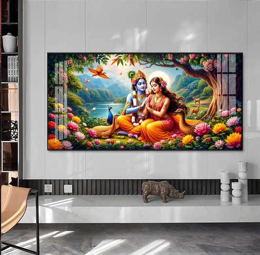 Divine Radha Krishna In Forest Premium Acrylic Horizontal Wall Art