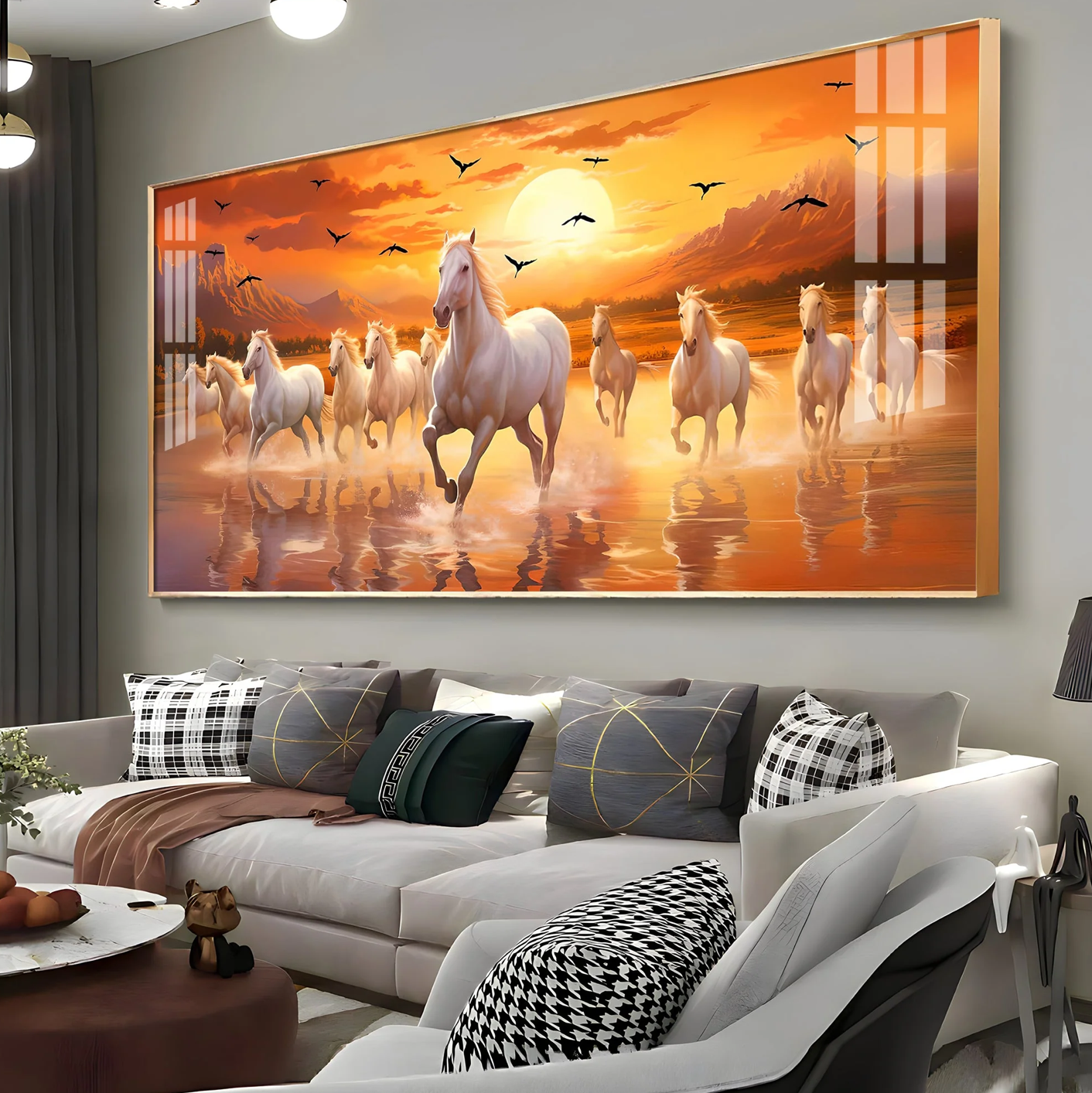 White Running Horses With Sunrise Premium Acrylic Horizontal Wall Art