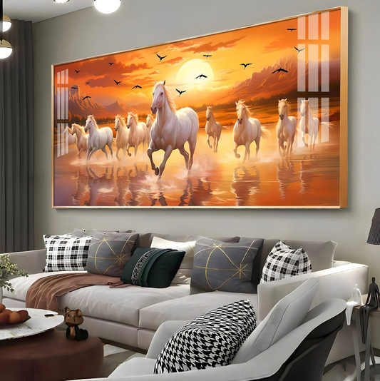 White Running Horses With Sunrise Premium Acrylic Horizontal Wall Art