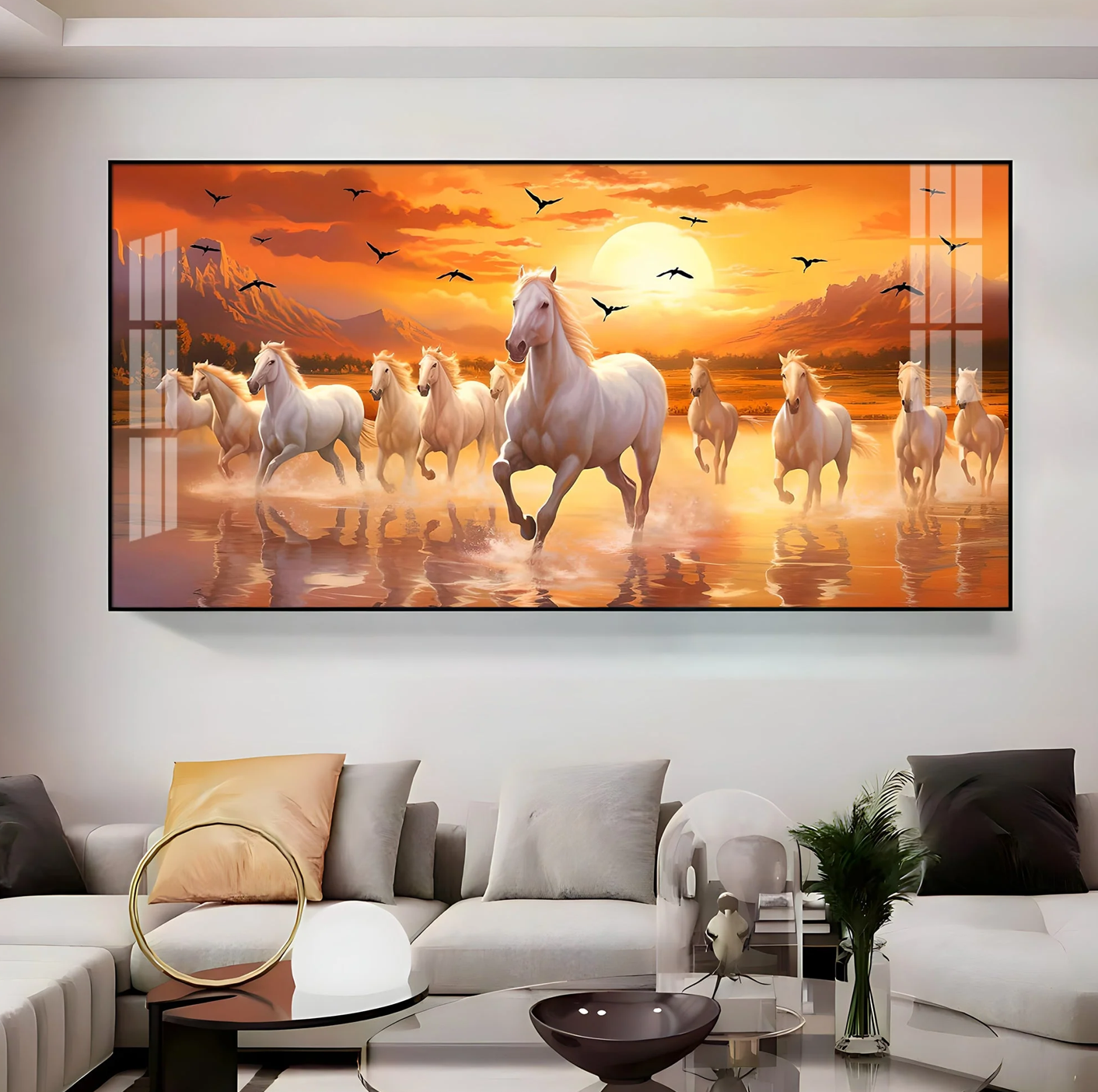 White Running Horses With Sunrise Premium Acrylic Horizontal Wall Art