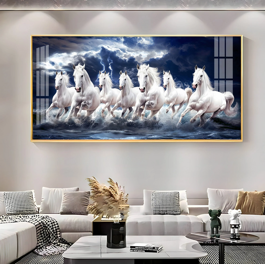 Seven White Horses Gallop In the Sea Premium Acrylic Horizontal Wall Art