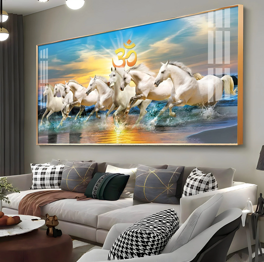 White Running Horses in Sea with Om Premium Acrylic Horizontal Wall Art