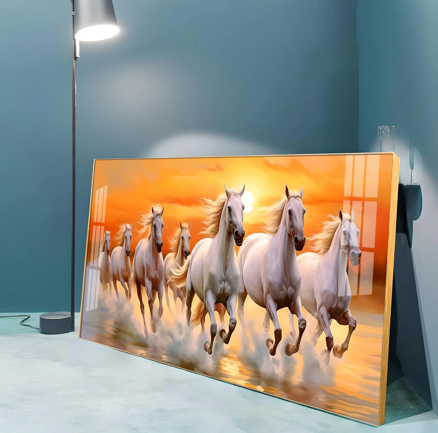 Seven White Running Horses With Sunrise Premium Acrylic Horizontal Wall Art
