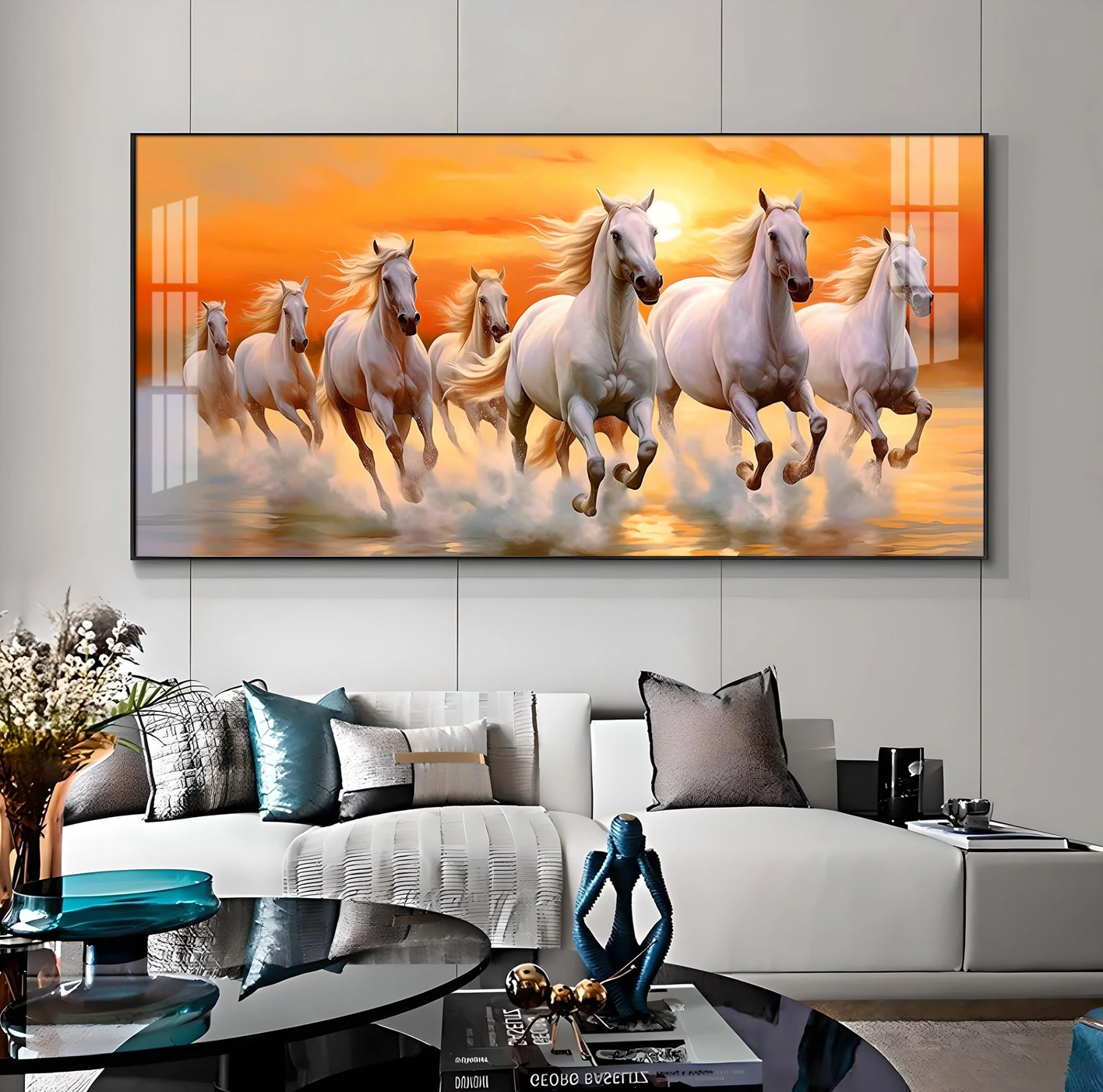 Seven White Running Horses With Sunrise Premium Acrylic Horizontal Wall Art