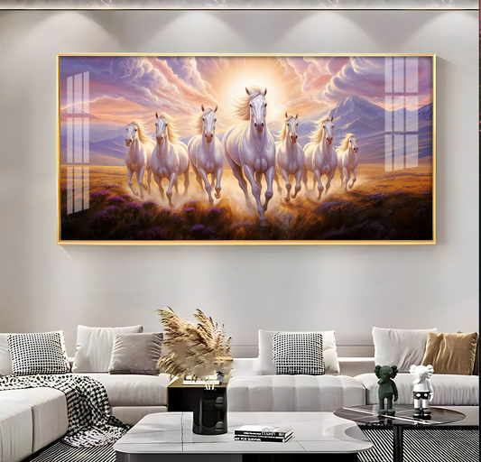 Seven White Running Horses Premium Acrylic Horizontal Wall Art