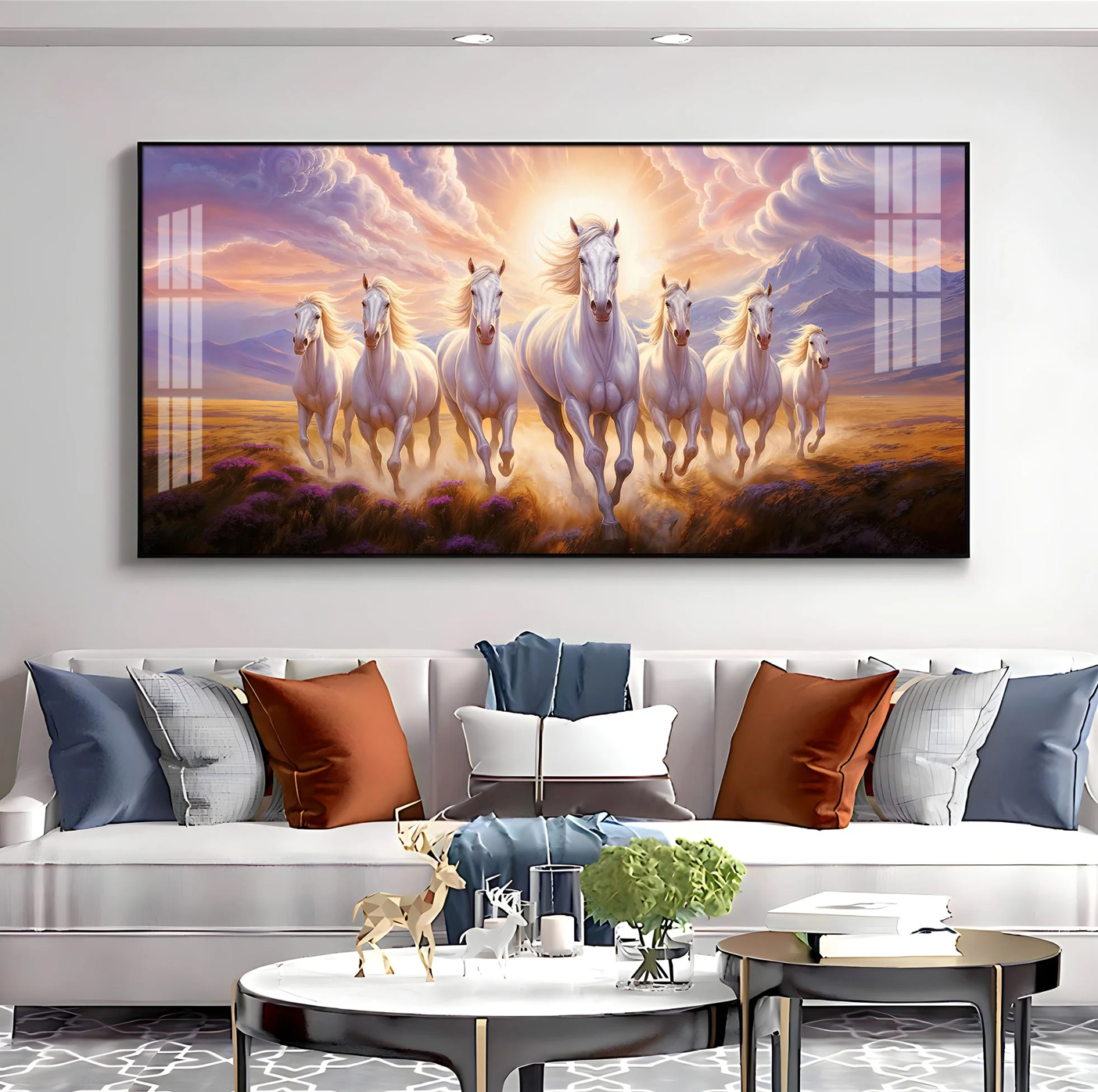 Seven White Running Horses Premium Acrylic Horizontal Wall Art