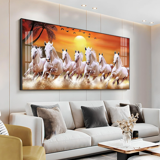 7 White Running Horses in The Sea With Sunrise Premium Acrylic Horizontal Wall Art