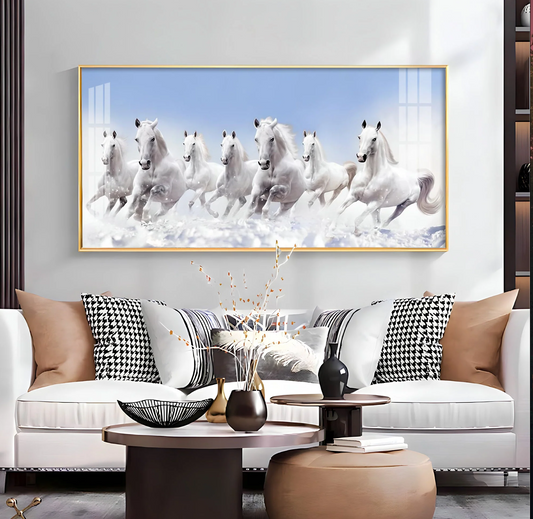 7 Running White Horses in The Sea Premium Acrylic Horizontal Wall Art
