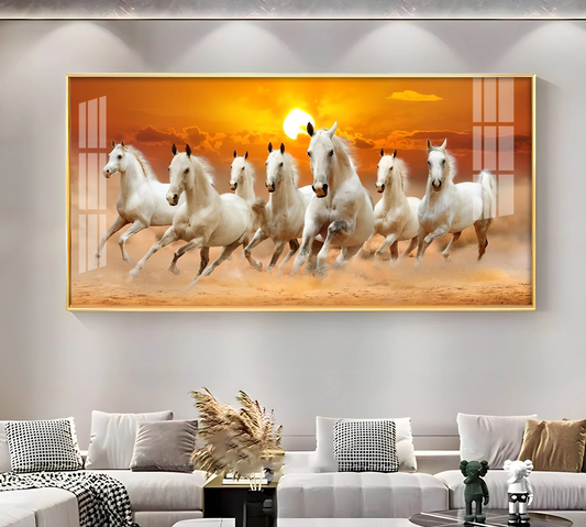 White 7 Running Horses Premium Acrylic Horizontal Wall Art