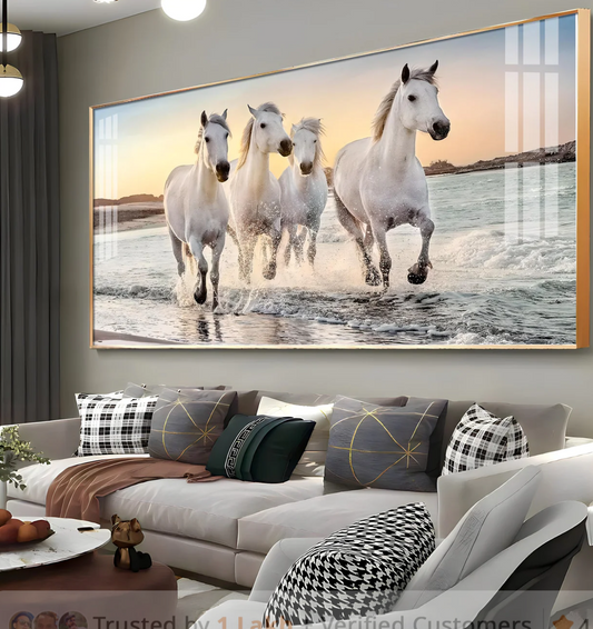 White Running Horses in The Sea Premium Acrylic Horizontal Wall Art
