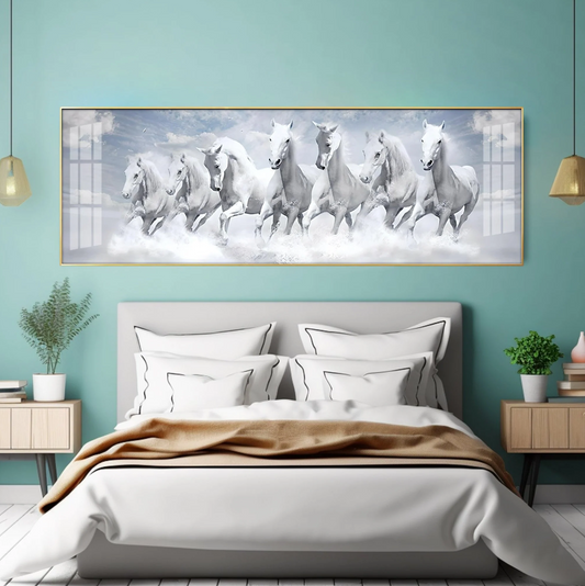 Seven Lucky Running White Horses Premium Acrylic Horizontal Wall Art
