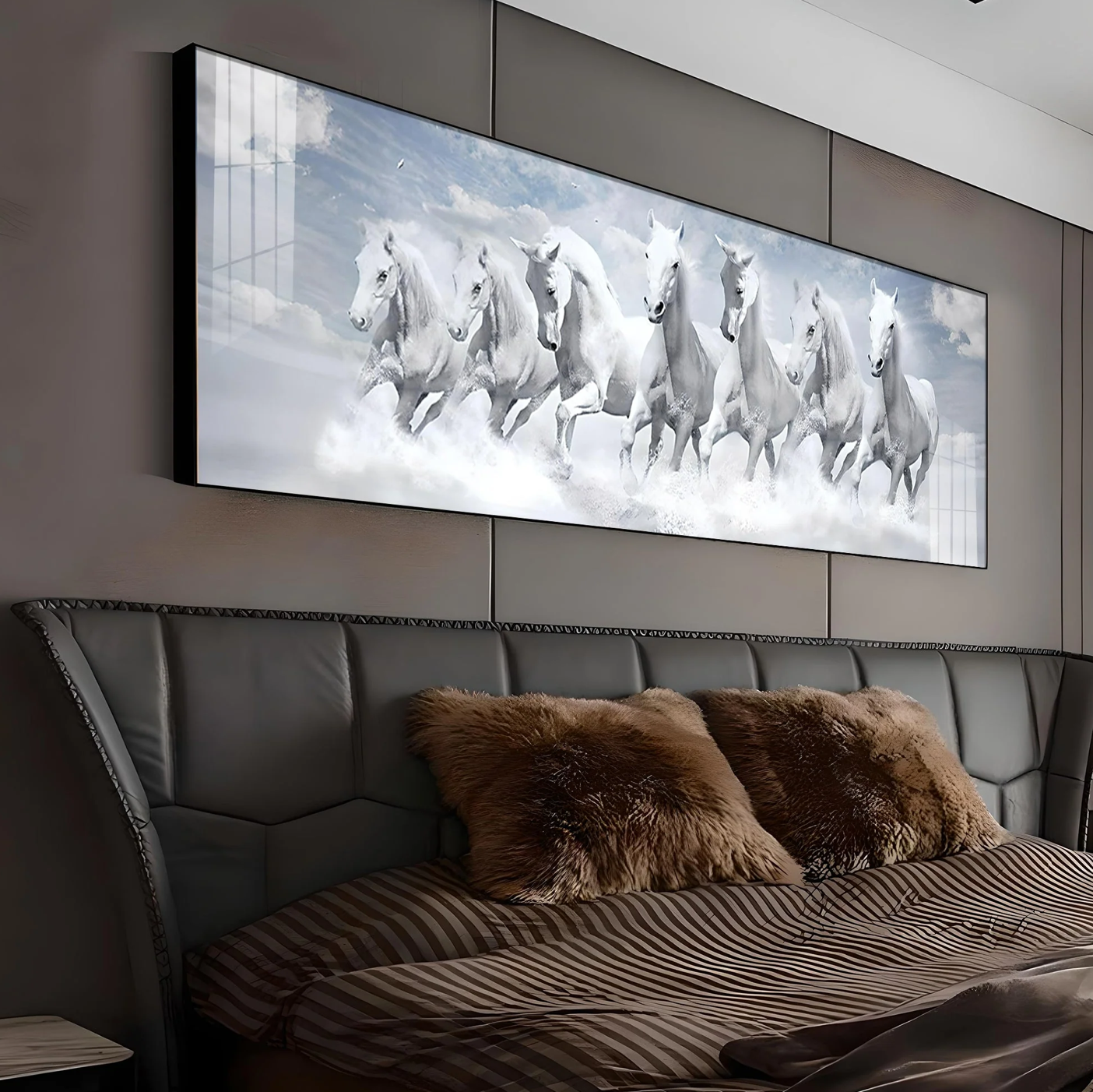 Seven Lucky Running White Horses Premium Acrylic Horizontal Wall Art