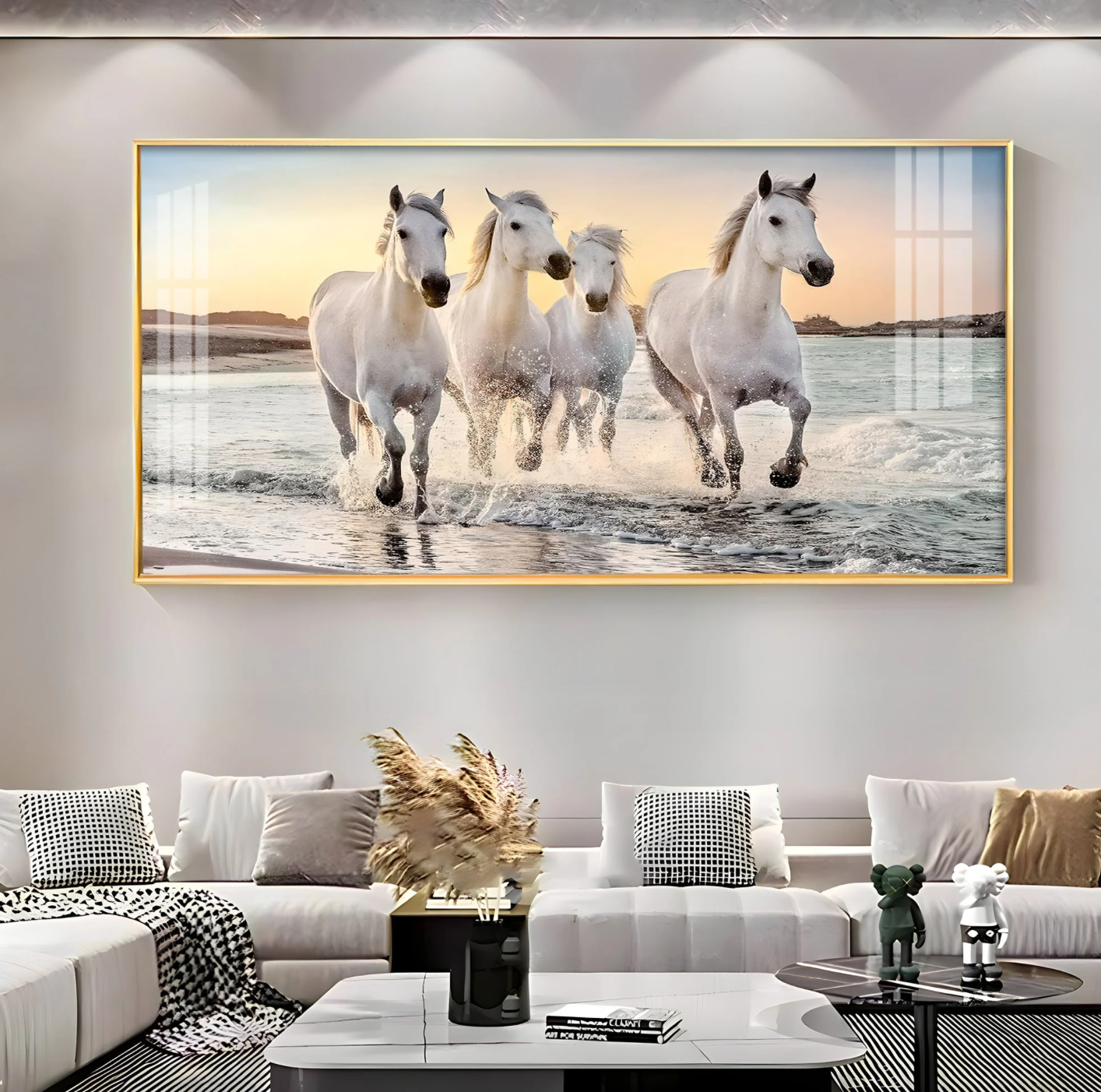 White Running Horses in The Sea Premium Acrylic Horizontal Wall Art