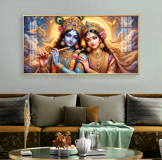 Shri Krishna And Radha In Sunburn Cloud Premium Acrylic Horizontal Wall Art