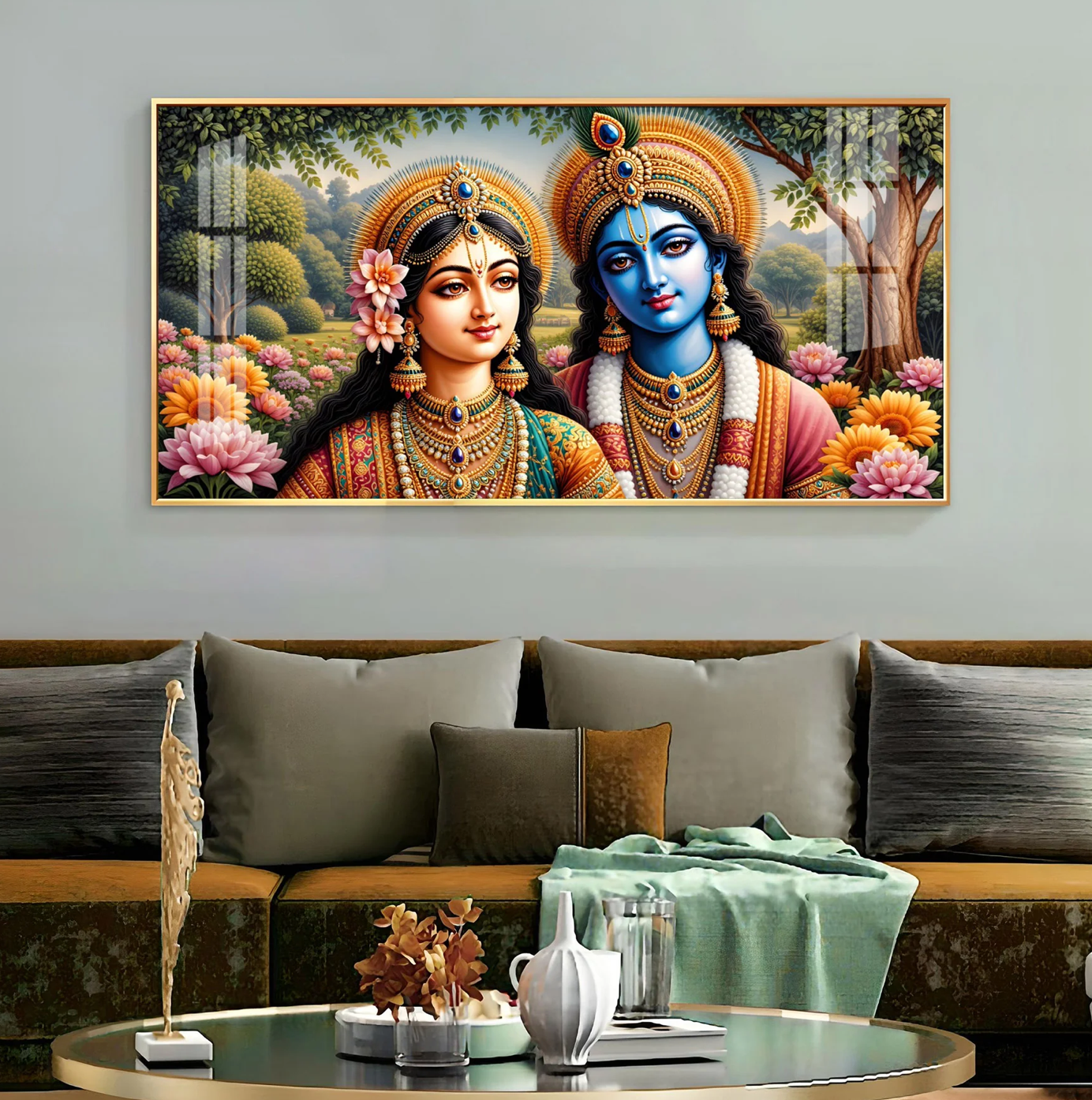 Radha Krishna With Round Diadem Premium Acrylic Horizontal Wall Art