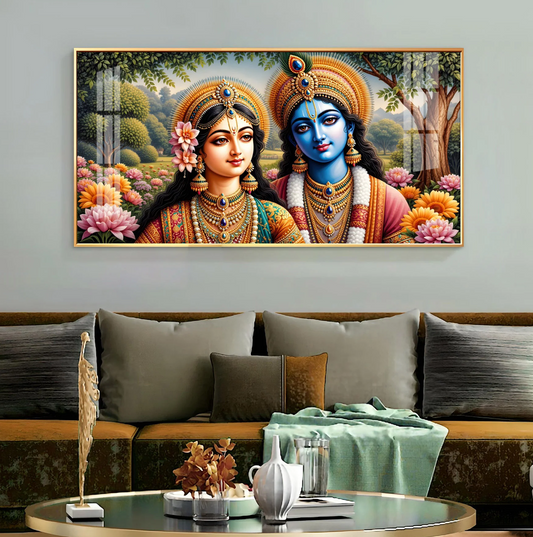 Radha Krishna With Round Diadem Premium Acrylic Horizontal Wall Art
